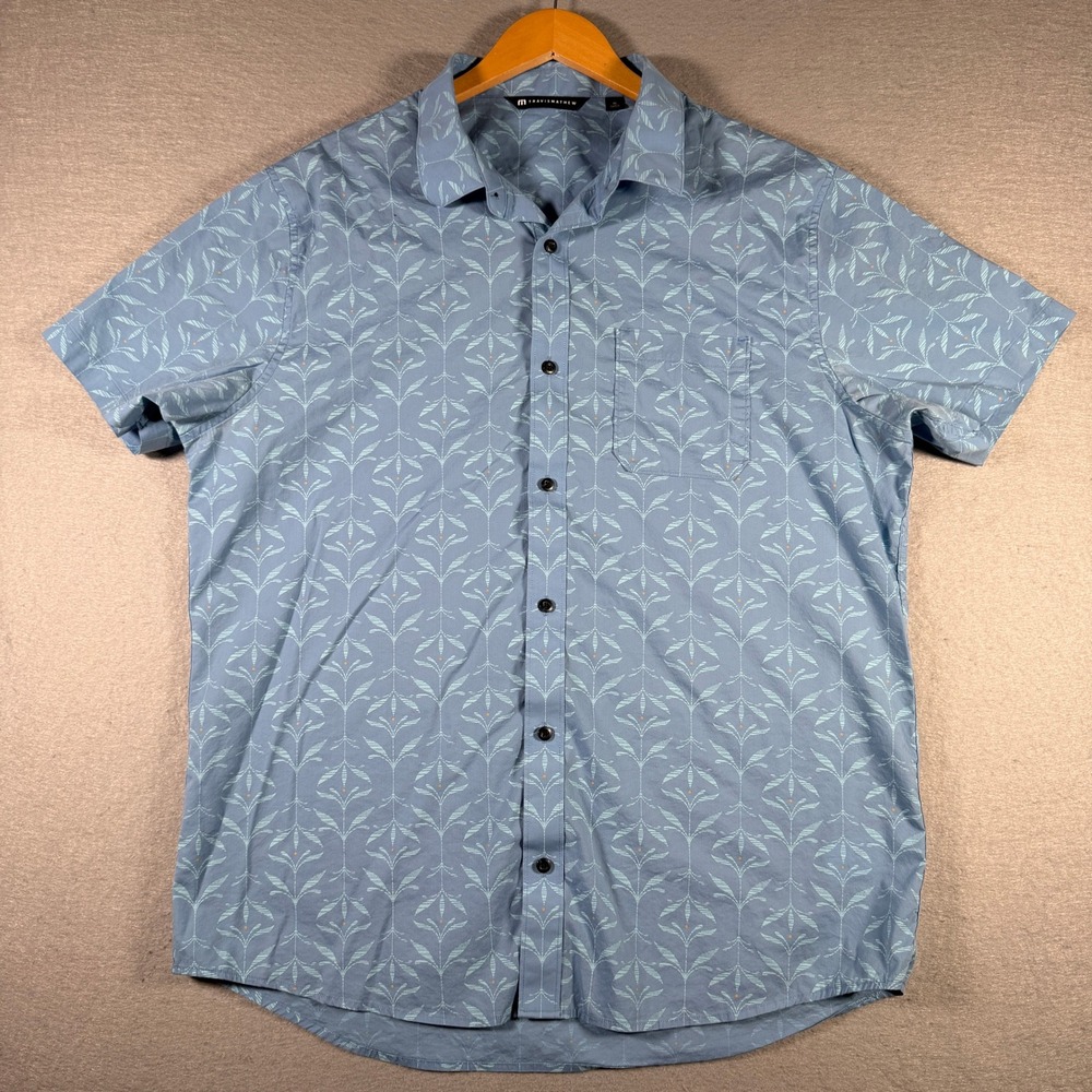 TravisMathew Mens XL Blue Geometric Leaf‎ Short Sleeve Button Up Shirt A40216